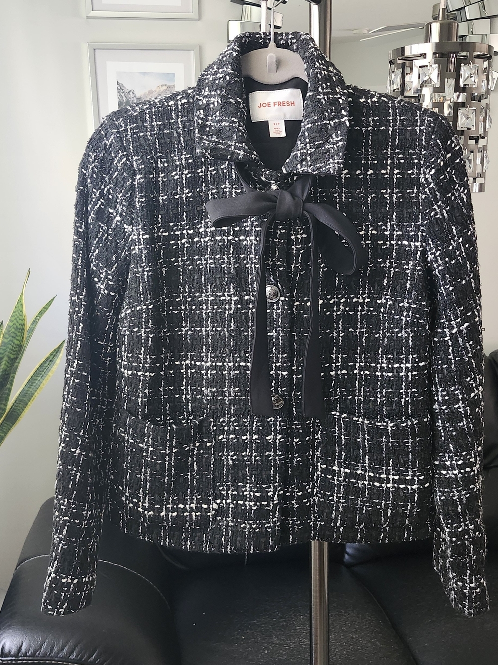Joe Fresh Black and White Tweed Bow-Front Jacket